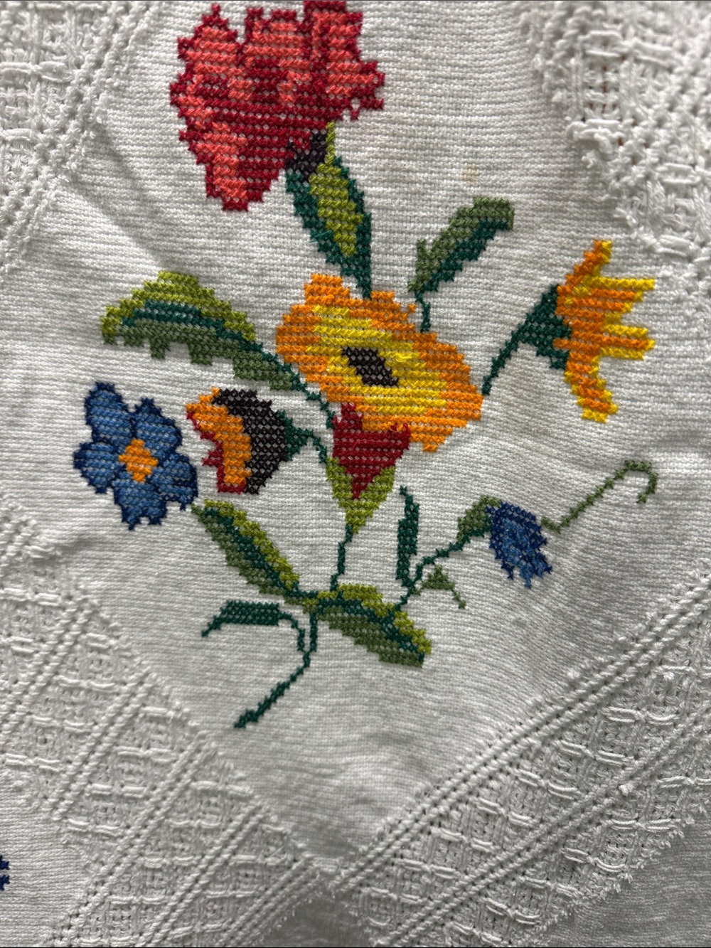 Hand-Embroidered Floral Linen Table Accent in Red, Yellow, Blue, Green